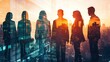 © Muhammad - Double exposure image of successful business people with a modern city skyline. The scene reflects teamwork and agreement in a high-rise office setting.