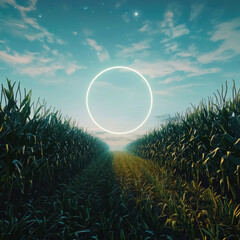 Poster - corn field field, giant empty circle in the middle, moon in the sky