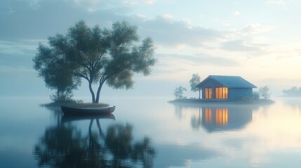 Poster - Serene lakeside scene with a house, tree, and boat.