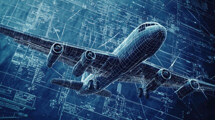 Poster - Futuristic blueprint of an airplane showcasing intricate wireframe designs and technology, symbolizing innovation in aviation.