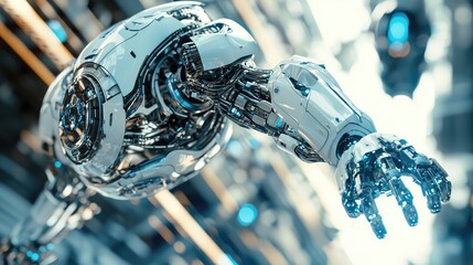 Poster - Futuristic robot arm reaching out, showcasing advanced technology and intricate design in a sci-fi environment.