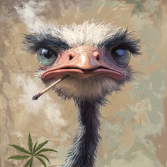 Canvas Print - Grotesque caricature of an ostrich smoking weed