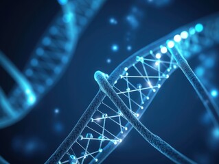 Close-up view of a glowing DNA strand against a dark blue background.