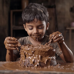 Canvas Print - kid make a cake that is made of mud