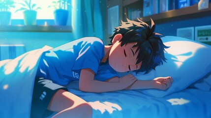 Wall Mural - kinder garden student little boy sleeps peacefully in their bed at home, anime style