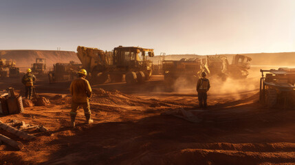 Poster - Miners at the mining site, machinery and equipment, protective gear, sunset sunlight