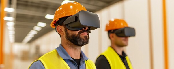 Two professionals wearing virtual reality headsets in a warehouse setting, showcasing innovation and technology in industry.