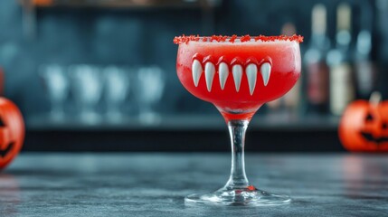 spooky red cocktail with fang decoration in motion