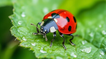 Poster - Bright Red Ladybug on Green Leaf Close-Up