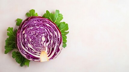 Wall Mural - Red Cabbage Half with Green Leaves on White Background.