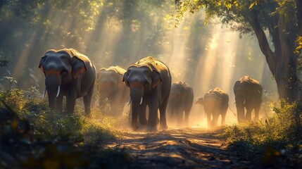 Poster - Majestic Elephants Walking Through Sunlit Forest