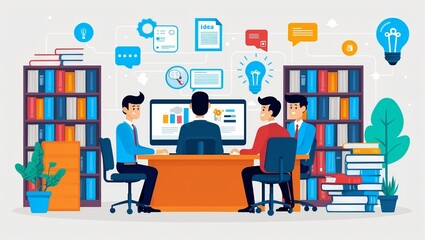 Flat Illustration of employees working in the office, sitting at the office desk in front of the computer and office elements. Business people office life. Business meeting