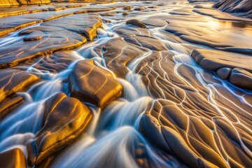 Poster - Water flowing over golden rocks creating abstract patterns