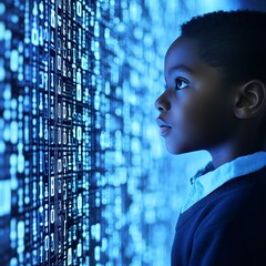 Poster - Curious Young Boy Gazing at Glowing Binary Code on a Large Screen Exploring the Digital World.