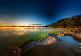 Aufkleber - A geothermal lake in New Zealand, steam rises from the water as the sun sets over the forest.