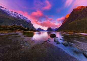 Aufkleber - A tranquil New Zealand landscape with mountains reflecting in the water at sunset.