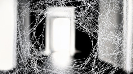 spider webs in eerie corridor with blurred doorway texture for design with copy space

