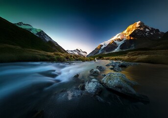 Aufkleber - A river flows through a valley framed by snow-capped mountains in New Zealand, illuminated by the morning sun.