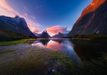Poster - A New Zealand landscape featuring a still lake with a reflection of the sunset, surrounded by lush greenery and towering mountains.