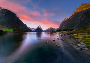 Aufkleber - Pink and purple clouds reflect in a still lake, framed by green mountains and a rocky shore.