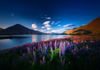 Aufkleber - A serene landscape in New Zealand with a body of water reflecting the blue sky and white clouds, with mountains in the background and a field of purple lupine flowers in the foreground.