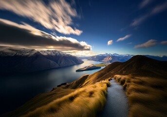 Aufkleber - A winding path through grassy hills leads to a scenic vista of a lake surrounded by snow-capped mountains.