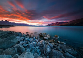 Aufkleber - A view of a lake in New Zealand, with mountains in the distance and a colorful sunset sky reflecting in the water.