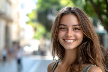 Beautiful young woman with long hair smiling warmly in a sunlit street portrait