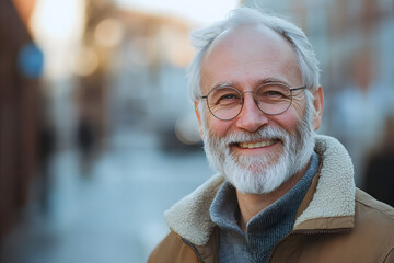 Smiling elderly man portrait in outdoor urban setting with sunny background, showcasing happiness and wisdom