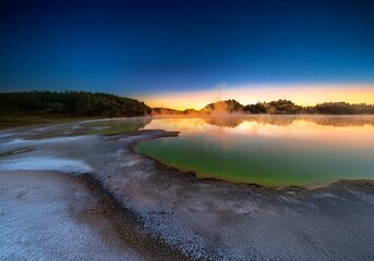 Aufkleber - A serene New Zealand lake at sunrise, with mist rising from the water and a vibrant green shoreline.