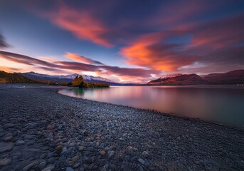 Poster - A stunning sunset over a calm lake with mountains in the distance. The sky is ablaze with pink and orange hues, and the water reflects the vibrant colors.