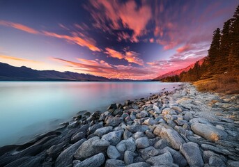 Aufkleber - A calm lake with rocky shoreline and snow-capped mountains under a sky of vibrant pink and purple clouds.