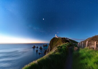 Aufkleber - A lone lighthouse stands on a grassy cliff overlooking a dark ocean under a star-filled sky.