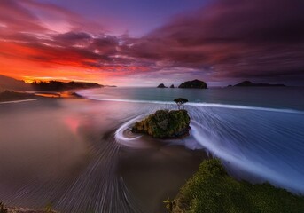 Aufkleber - A lone tree stands on a rocky outcrop in a New Zealand landscape, with the ocean swirling around it at sunrise.