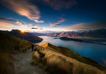 Poster - A lone hiker walks a winding path on a mountainside overlooking a vast, snow-capped mountain range and a sparkling blue lake at sunrise.