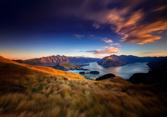 Aufkleber - A scenic view of a lake surrounded by mountains in New Zealand.