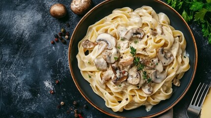 Pasta sauce w/mushrooms & cream, food background.