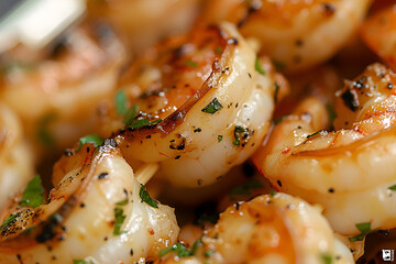 Close-up of grilled shrimp skewers with vibrant seasoning, showcasing delicious and fresh seafood. Perfect for food photography, highlighting gourmet cuisine and appetizing presentation.