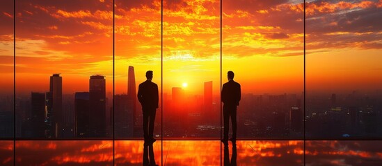 Two businessmen stand in a window overlooking a city skyline with a sunset in the background.