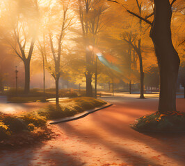 Wall Mural - Autumn yellow park.foliage atmosphere trees.generative ai