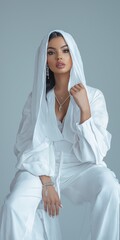 Sticker - A woman in a white robe and a white scarf is sitting on a chair. She is wearing a necklace and a bracelet