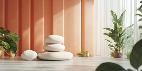 A serene interior featuring stacked stones and lush plants, perfect for wellness and relaxation themes.