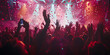 © Irina - Crowd of people dancing at music concert. Rock festival with silhouettes of hands, explosion of colorful confetti and light show. New year party in night club. Concept of fun and energetic nightlife.