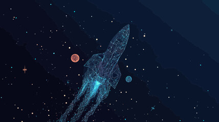 Poster - Abstract Rocket Launch in Starry Space with Planets, Stars, and Universe Elements - Minimalist SVG Vector for Business and Technology Concepts