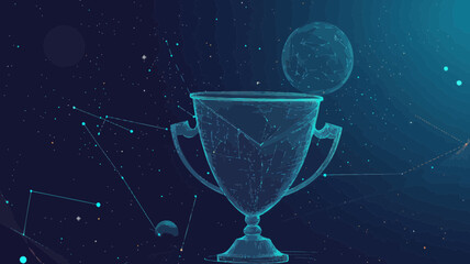 Poster - Wireframe Champion Trophy in Starry Sky with Planets and Stars, Abstract Space-Themed Achievement Concept