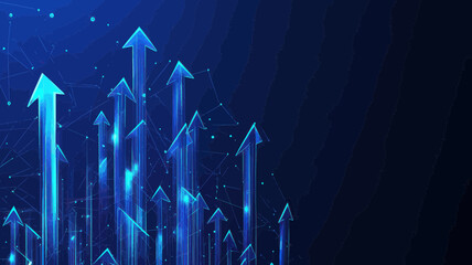 Poster - Abstract Digital Arrow Growth Chart on Polygonal Blue Wireframe Background, Business Performance Boost, Finance Success, Investment Growth, Minimalist Vector Illustration