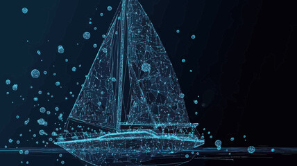 Poster - Polygonal Mesh Sailing Yacht Vector Illustration - Sea Business Concept - Blue Structured Flat Minimalist SVG