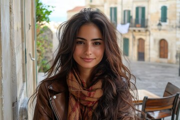 A Young Woman With Long Brown Hair Smiles In A City Setting