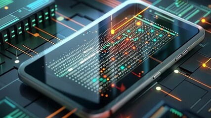 Poster - Smartphone is displaying lines of code while resting on a circuit board with data flowing between components, symbolizing mobile security and data protection