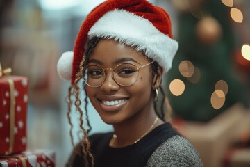 Smiling Woman in Santa Hat and Glasses with Gifts in Background